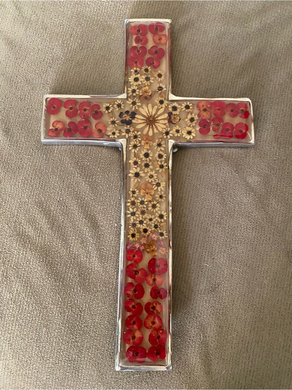 Floral Resin Cross Wall Decor - Red and Neutral Flowers